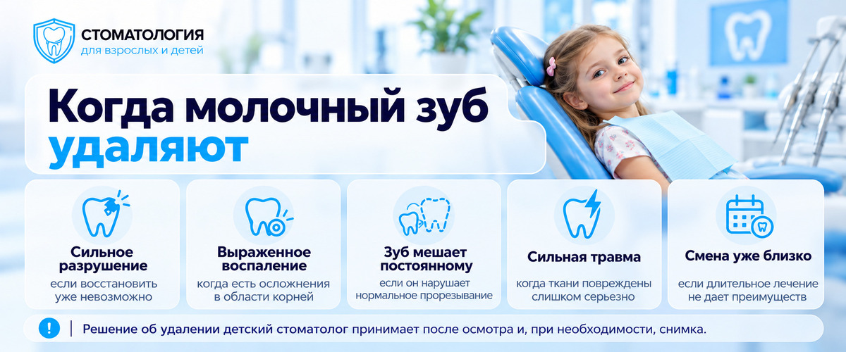 Когда молочный зуб удаляют - инфографика стоматологии на Щелковской и Первомайской